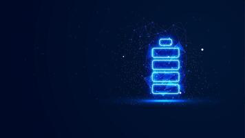 Futuristic glowing battery symbol with plexus lines and glitter particles. Power energy illustration in the blue neon light style. 3D abstract low poly copy space in the dark background vector