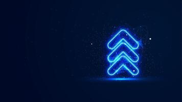 Successful illustration in the blue neon light style. Futuristic up arrow symbol with plexus lines and glitter particles. 3D abstract low poly copy space in the dark background vector