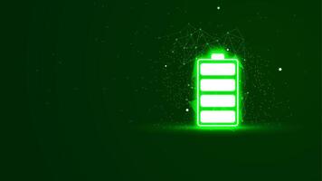 Fully charged battery illustration in the green neon light style. Futuristic glowing battery symbol with plexus lines and glitter particles. 3D abstract low poly copy space in the dark background vector