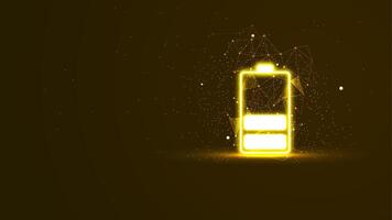 Low power battery illustration in the yellow neon light style. Futuristic glowing battery symbol with plexus lines and glitter particles. 3D abstract low poly copy space in the dark background vector