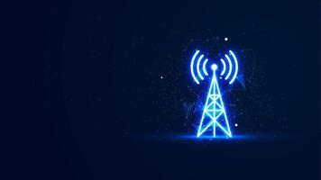 Wireless tower illustration in the blue neon light style. Futuristic glowing internet tower symbol with plexus lines and glitter particles. 3D abstract low poly copy space in the dark background vector