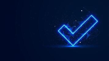 Futuristic glowing check mark with plexus lines and glitter particles. Tick symbol in the blue neon light style. 3D abstract low poly copy space in the dark background vector