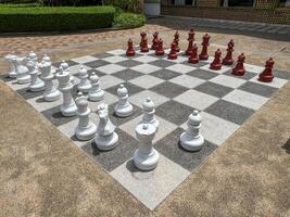 White and black chess pieces on chess board in the park photo