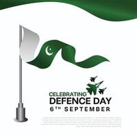 6th September. Happy Defence Day. Urdu Calligraphy with number 6 and Pakistan Air Force Aircraft on green background vector