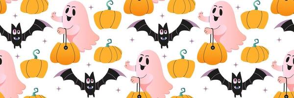 Spooky Halloween ghost seamless pattern. Scary ghost characters, fly funny spook. Halloween spooky cartoon poltergeist. Pattern for background, printing on wrapping paper, wallpaper or fabric. vector