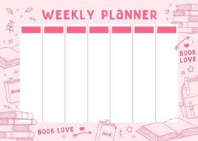 Pink Weekly planner with School doodles. Book, backpack and stationery for first day of school. Back to School background. Lifestyle planner for 7 days. Schedule design template. illustration. vector