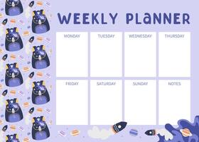 Weekly planner with school backpack. Girl and boys bag with spaceship, planet, star background. Back to school concept. Lifestyle planner for 7 days. Schedule design template. illustration. vector