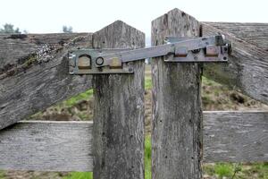 Closed gate at a field with a metal hinge photo
