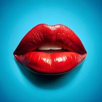 red lips isolated on blue background photo