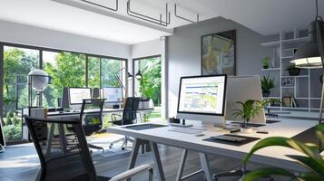 Modern Home Design on CAD Displayed in a Bright and Tidy Office with Triple Monitor Setup photo