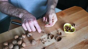 hands of a man cracking walnuts with a nutcracker video