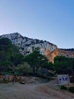 Rock mountain, majestically rising with its rugged terrain. At base, lush pine trees and fig trees photo
