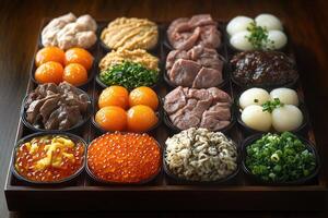 Assortment of Japanese Delicacies in a Wooden Box photo