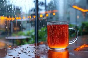 A Glass of Tea on a Wet Table with a Rainy View photo