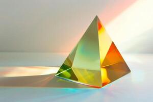 Multicolored glass prism reflecting light on a white surface photo