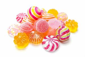 Multicolored candies on white background photo