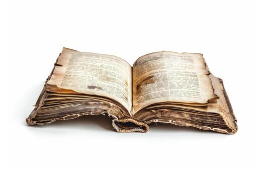 Antique book with frayed pages lies open on a white surface photo
