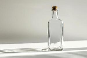 A transparent glass bottle with a cork on a white surface in natural light photo