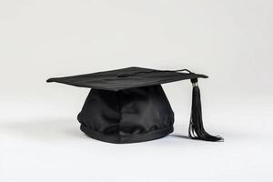 Black graduation cap with tassel on neutral background photo