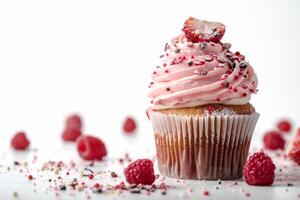 Delicious raspberry cupcake with pink frosting and sprinkles photo