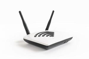 Wireless router with antennas on white background photo