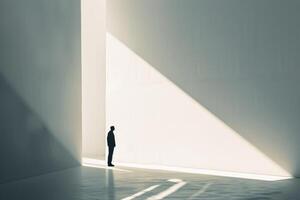 A person standing in a minimalist architectural space with natural light photo