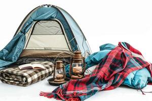 Cozy camping with tent, blankets and lanterns photo