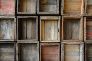 Wooden crates stacked against a wall showcasing various colors and textures in a rustic setting photo