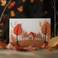 Autumn-themed paper art featuring a cozy house surrounded by colorful trees and falling leaves in soft, muted tones photo