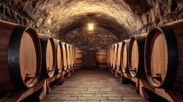 Wooden barrels stacked tightly in a rustic winery, showcasing craftsmanship and aged materials in late afternoon light photo