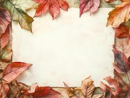 Autumn leaves frame a blank canvas with warm colors and textures in a serene setting during fall photo