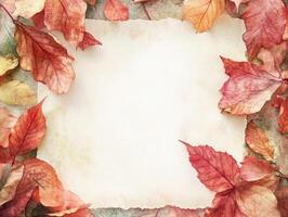Autumn leaves frame with blank parchment in a rustic setting photo