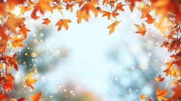 Autumn leaves framing a bright sky with soft bokeh effects in a serene outdoor setting during fall photo
