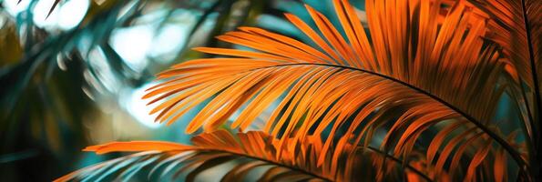 Lush tropical palm leaves displaying vibrant orange hues in a sunlit forest during the late afternoon photo