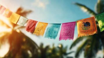 Colorful prayer flags flutter amidst palm trees under a sunny sky, creating a vibrant, serene outdoor scene. photo