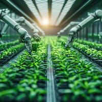 Robotic arms tending to plants in a high-tech greenhouse, showcasing the future of sustainable agriculture and automation in farming. photo