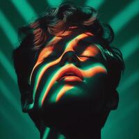 Abstract artistic portrait of a face with dramatic green and orange lighting, shadows creating striking patterns. photo