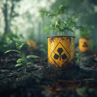 Yellow chemical waste barrel with radiation symbol in a forest, sprouting young plants, signifying nature and pollution contrast. photo