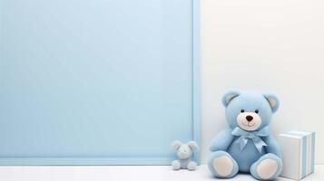Blue teddy bear next to large frame mockup. Peaceful nursery theme. Blank framework, advertising mock up. Babyhood concept composition front view, showcase interior copy space photo