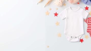 Array of baby clothing and toys banner background copy space. White onesie, colorful stars image backdrop empty. Parenting blog. Babyhood concept composition top view, copyspace photo