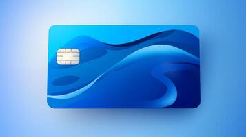 Dynamic wave credit card mockup on white blue gradient background. Smooth bankcard template. Blank plastic card design realistic. Fluidity in financial operations concept image mock up photo
