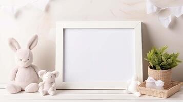 Serene nursery setup frame mockup. Plush bunny, bear toy, potted greenery. Blank framework, advertising mock up. Babyhood concept composition front view, showcase interior copy space photo