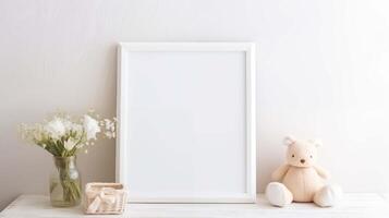 Nursery rustic with white frame mockup. Soft plush bear and delicate flowers. Blank framework, advertising mock up. Babyhood concept composition front view, showcase interior copy space photo