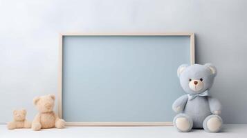 Soft plush bear sits beside wooden frame mockup. Serene blue backdrop. Blank framework, advertising mock up. Babyhood concept composition front view, showcase interior copy space photo