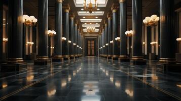 Luxurious hallway lined with polished marble columns interior design. Gleaming floors room nobody. Soft glow of ambient lighting image background realistic. Elegance concept photography photo