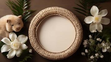 Woven circular frame mock up surrounded by lush foliage. Plush toy tropical, organic vibe pictureframe mockup with blank space. Babyhood concept composition top view, border picture photo