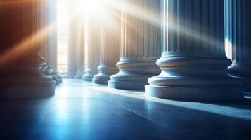 Sunlit classical columns closeup image. Grandeur of classical architecture close up photography marketing. Architectural concept photo. Sunlight streams through courthouse pillars picture photo