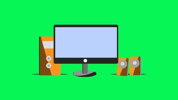 Computer setup with green screen background, featuring a monitor, CPU, and speakers. Ideal for technology, office, or digital design concepts. video