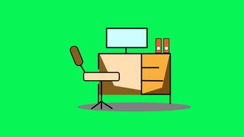Workspace setup with computer monitor, desk, chair, drawers, binders on green screen background. Suitable for office, technology, or remote work concepts. video