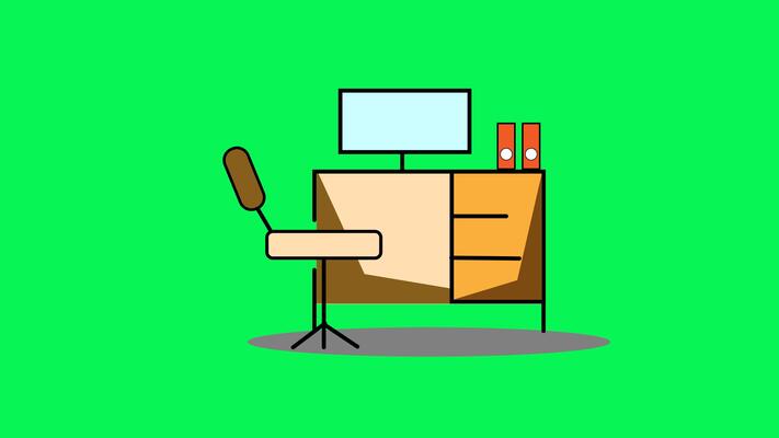 Workspace setup with computer monitor, desk, chair, drawers 